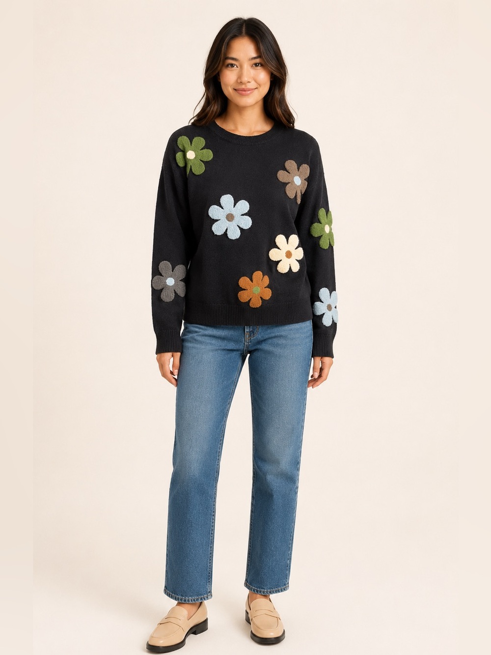 J. Society Black Multicolor Daisy Appliqué Crewneck Sweater XS